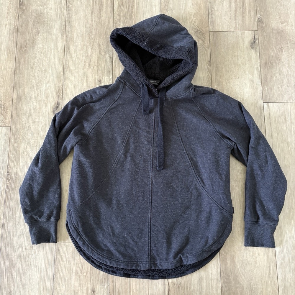 Eddie Bauer Sherpa Lined Hoodie Womens M Charcoal Grey Pullover Cozy Fall